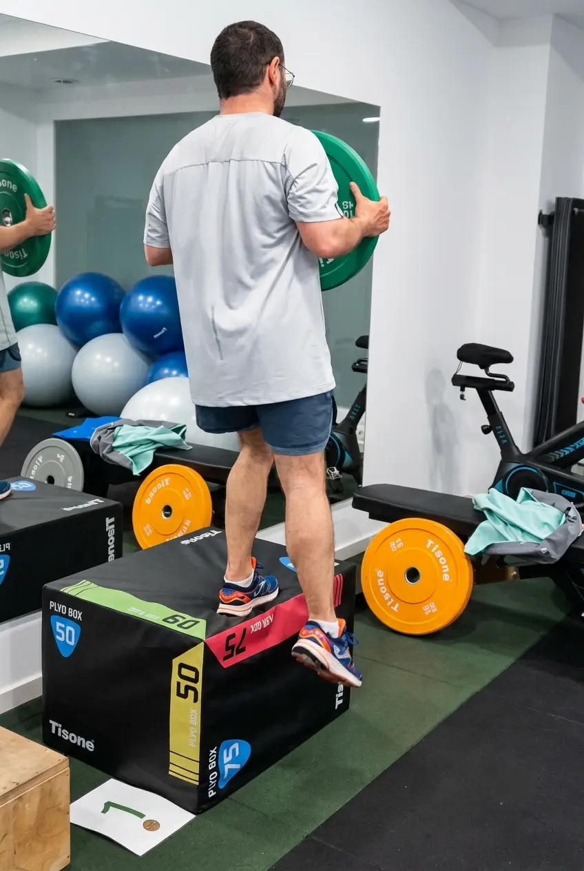 Entrenamiento funcional subiendo a un plyo box con disco de peso en Moviment