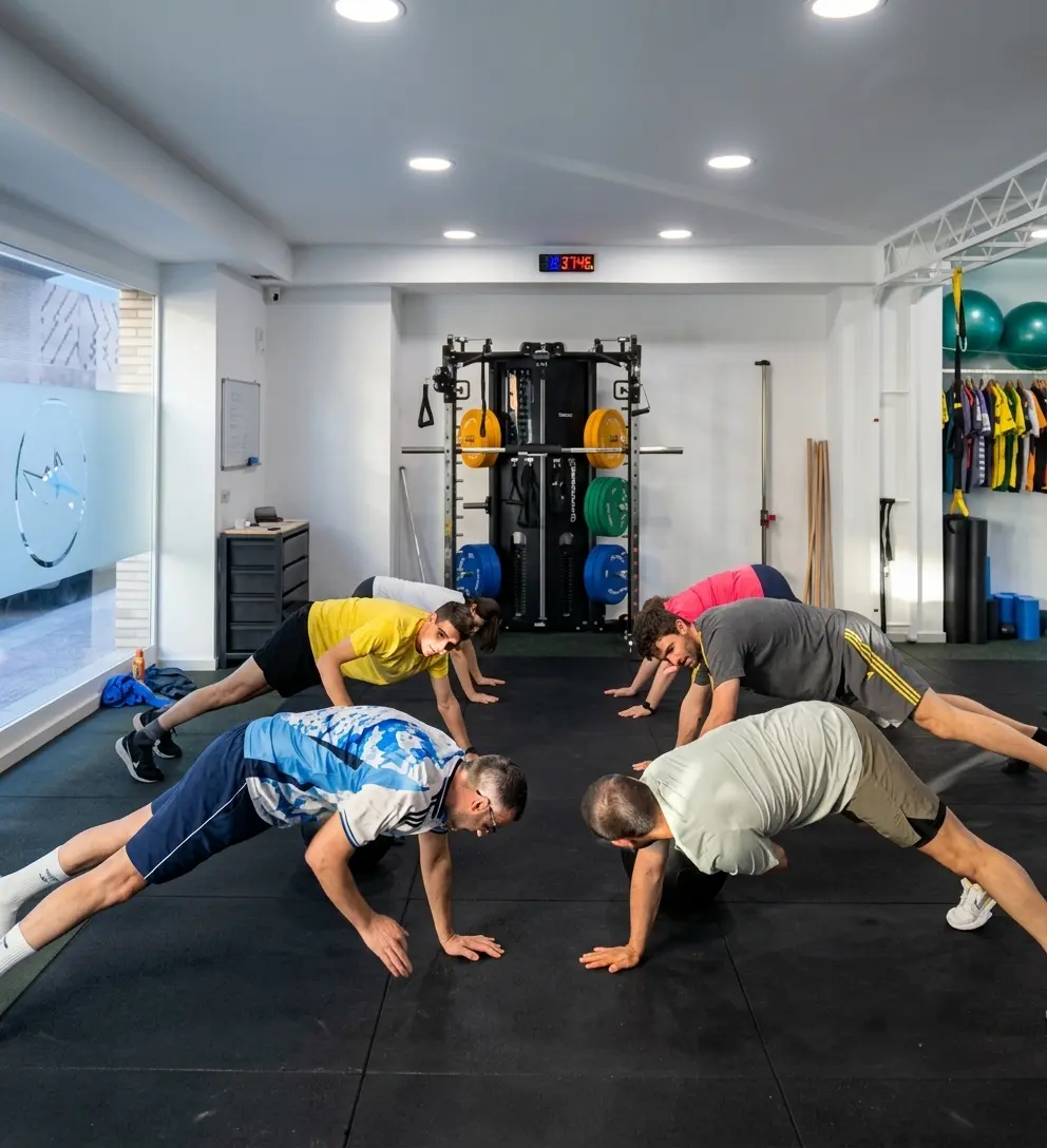 Clase grupal haciendo plancha y ejercicio funcional en Moviment Vila-real