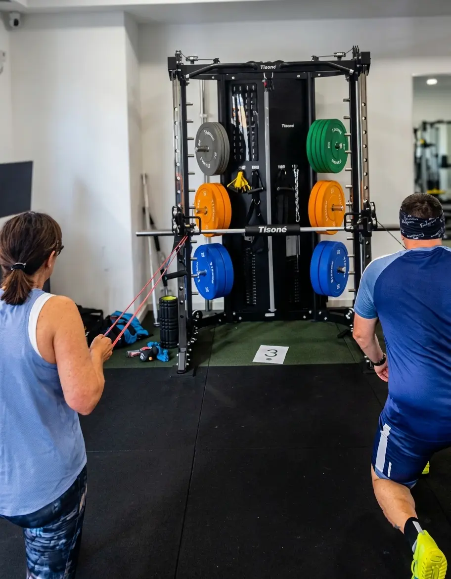 Entrenamiento con máquina funcional y bandas elásticas en Moviment
