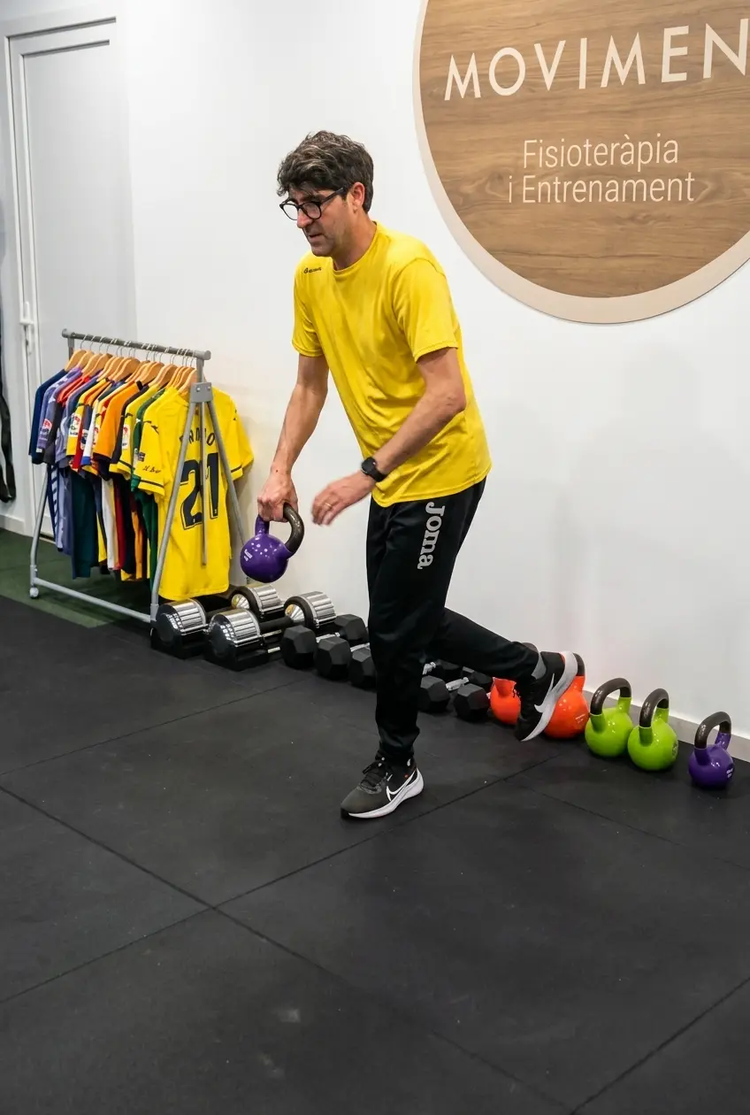 Entrenamiento con kettlebell frente al rótulo de Moviment